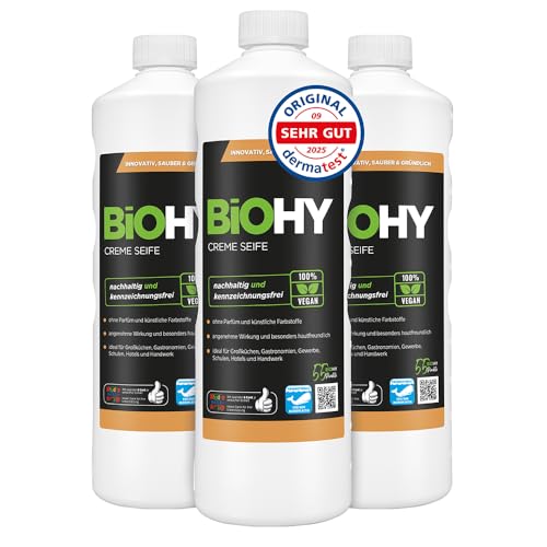 BiOHY Creme Seife (3 x 1 Liter) | Hautschonende, rückfettende & geruchsneutrale Handseife | flüssiger Nachfüllpack mit pflanzlichen Inhaltsstoffen | auch für das Gesicht geeignet