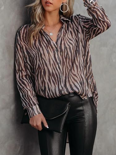 Mutitop Button Down Shirts for Women Dressy Casual Blouses V Neck Printed Boho Long Sleeve Collared Tunic Chiffon Tops2