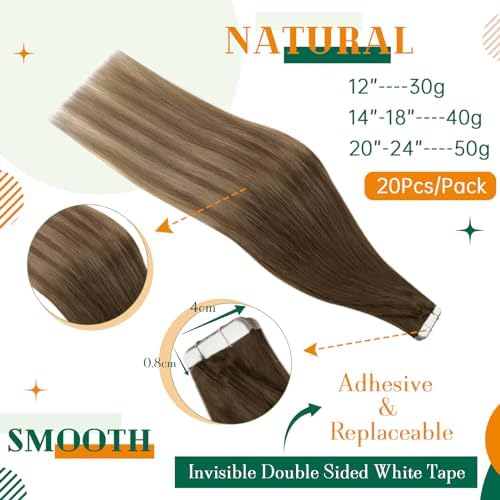 Easyouth Ombre Tape in Hair Extensions Human Hair Balayage Brown to Ash Blonde Tape in Extensions 16 Inch 40g 20Pcs Glue in Hair Extensions Remy Natural