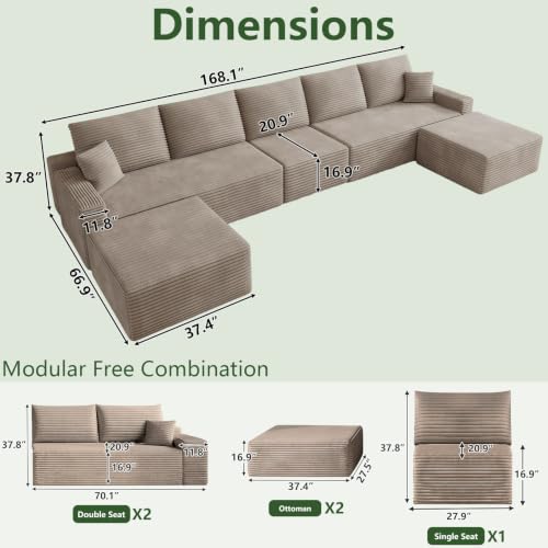 Image of Oversized Modular Sectional Sofa Couch,Large 7 Seater Corner Sofa Modern U Shaped Sectional Couch with Ottoman Cloud Couches for Living Room,Office, Spacious Space, Corduroy,No Assembly,Camel
