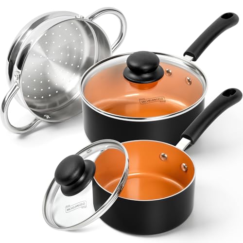 MICHELANGELO Nonstick Sauce Pan with Lid, 1QT & 2QT Ceramic Saucepan Set with Steamer, Small Copper Saucepans Set, Multipurpose Sauce Pots for Cooking, PFAS-FREE, Dishwasher Safe