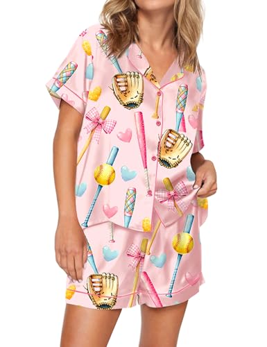 Image of SHESHOW Pajamas for Women Set Satin Button Down Short Sleeve Top and Shorts Pjs Sets Sport Ball Print Sleepwear XS-XXL