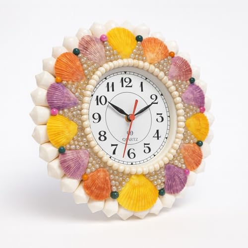 Image of Sea Shell Wall Clock for Hall | Multi Colour | Decorative Coastal Wall Clock | Ocean Theme Home Decor Clock for Home | Silent Non-Ticking Analog Wall Watch for Living Room & Bedroom