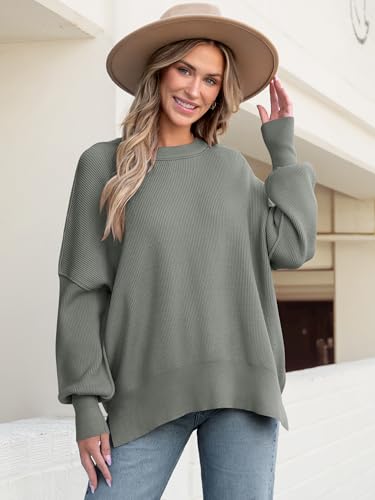 Image of ANRABESS Women Oversized Sweaters Batwing Long Sleeve 2026 Fall Outfits Crewneck Casual Knit Side Slit Fashion Pullover Top