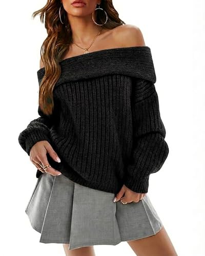 Image of Womens Off The Shoulder Sweater Fall Knitted Pullover Tops | Oversized Long Sleeve Loose Ribbed Knit Clothes, Sexy Elegant Going Out Tops, Cute Baggy Winter Outfits
