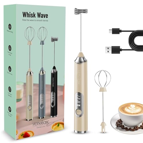 Image of HOMEBASIC Coffee Frother Electric Handheld, 3-Speed Milk Frother Rechargeable with Dual 304 SS Whisks, 8000 RPM Foam Maker for Latte, Cappuccino, Matcha, Eggs | Whisk Wave (Beige)