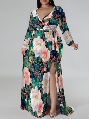 Image of PinkPatty Women's Plus Size Long Sleeve Maxi Dress Casual V Neck Slit Tie Waist Wrap Dresses for Party Cocktail