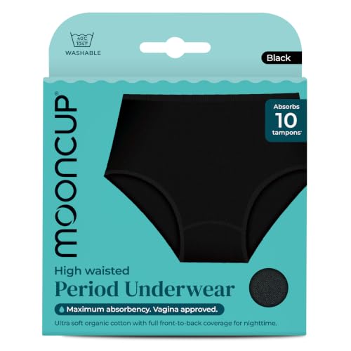 Mooncup High Waist Period Pants - Eco-Friendly Organic Cotton Period Underwear with Maximum Absorbency (Up to 10 Tampons) 180 Coverage - Leak-proof Reusable & Comfortable for Heavy Flow - Size 10