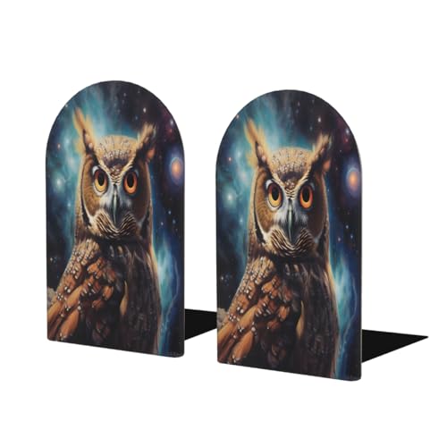 (2 PCS/1 Pairs) Wood Bookends Owl Starry Sky Space Decorative Wood Bookends for Student School Shelves Kids Room Desk Home Office Book Stoppers for Holiding Books 5x3 Inch