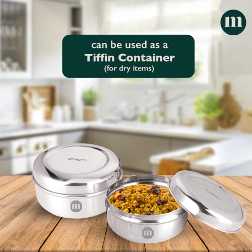 Image of MARU Fridge Storage Containers Stainless Steel set of 4 ((250ml, 450ml, 600ml, 850ml) - Small Round Airtight Food Storage Container, Multipurpose Kitchen Boxes for Leftovers Food, Roti, Chapati & Atta