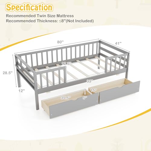 Image of KOMFOTT Wood Twin Bed Frame with Fence Rails & 2 Pull-Out Drawers, Kids Twin Bed Frame with Side Shelf, No Box Spring Needed Solid Wood Slats Supported Daybed for Children & Teens (Grey)