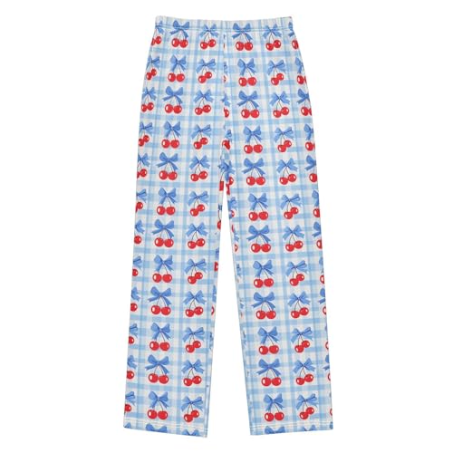 Pajama Pants Sleep Pants Soft Elastic Waist Pajama Lounge Pants Cherry Blue Bow Grid for 6-14 Years Old
