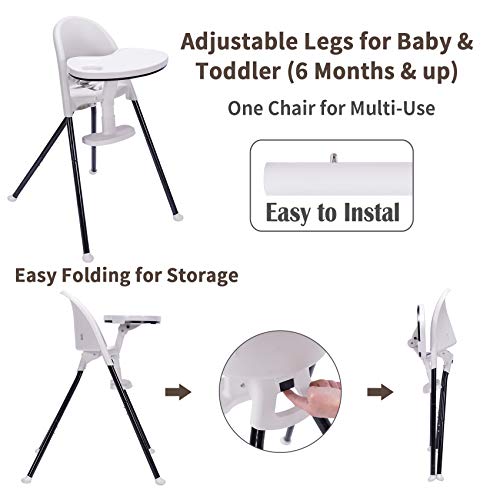 Image of High Chair Folding,One Click fold,Save Space, Detachable Double Tray, Infant Chair, Car Traveling, 3 in 1 Convertible, 3-Point Harness, Adjustable Footrest, Non-Slip Feet,White