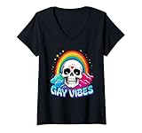 Photo Gallery donna gay vibes pride 2025 lgbtq skull divertente maglietta con collo a v Photo Gallery donna gay vibes pride 2025 lgbtq skull divertente maglietta con collo a v