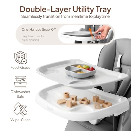 Image of Tinyiota 4 in 1 High Chairs for Babies and Toddlers with Wheels, 8-Height Adjustable & 3-Position Recline, Easy Clean, Dishwasher Removable Tray, Foldable HighChair for Infant, Meets ASTM Safety, Grey