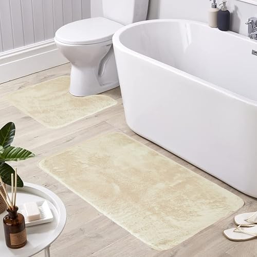Olivia Rocco 2-teiliges Badematten-Set, extra weich, pflegeleicht, Plüsch-Badteppich + WC-Vorleger, super saugfähig, rutschfest, Badematte für Badezimmer, WC, Dusche, cremefarben – Bild 3