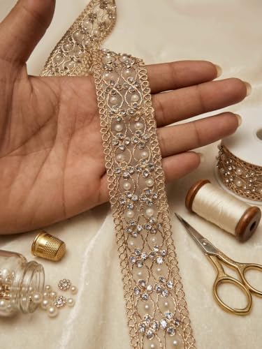 Image of Strala Golden Color Laces for Dresses, Sarees, Lehenga, Suits, Bags, Decorations, Borders, Crafts and Home Decor,Blouse (3 mtr) Design-117 (Premium moti jarkan)
