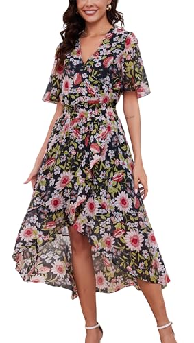 Image of Kormei Womens Short Sleeve Floral Maxi Dress High Low V-Neck Flowy Party Long Dresses
