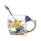 evecase Mothers Day Gifts Butterfly Flower Glass Coffee Mugs Tea Cup with Steel Spoon, Mum Gifts for Women Wife Friends Christmas Birthday Mothers Valentines Day (Mum)