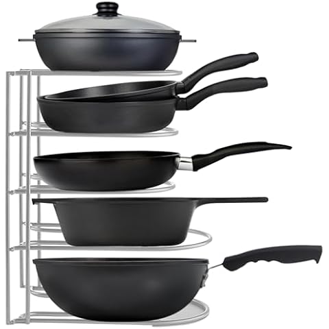 Extreme Matters Heavy-Duty Pots and Pans Organizer | 5-Tier Cookware & Lid Storage Rack | Free-Standing or Wall-Mount | Kitchen Organizer for Cast Iron Skillets, Pots, Frying Pans, Lids | Chrome Cover