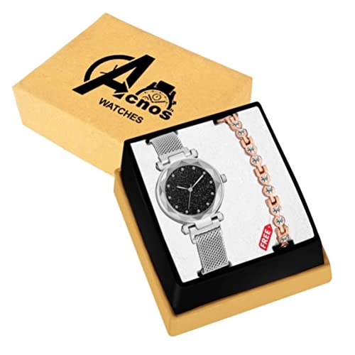 Acnos® Premium Brand – A 6 Different Colors Magnet Analog Watches with Rose-Gold Bracelet for Girls or Watches for Women Pack of – 2