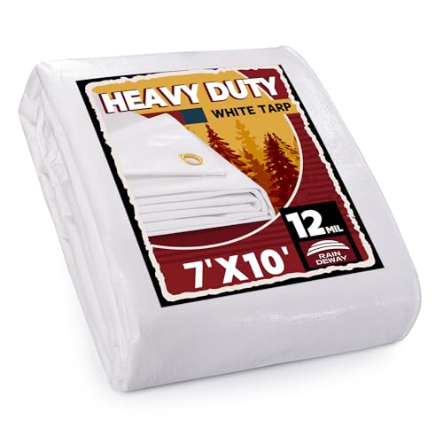 12 Mil Heavy Duty White Tarps 7' X 10', Extra Thick,Durable,Waterproof, UV Resistant, Weatherproof Poly Tarp,with Metal Grommets and Reinforced Edge (Finished Size)-by Raindeway