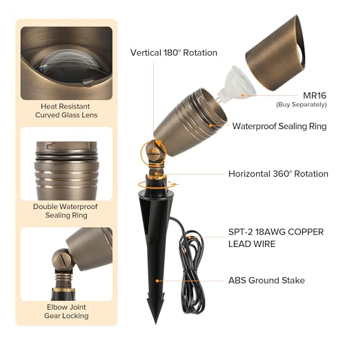 Image of LUTEC Solid Brass Low Voltage Landscape Lighting, 12V Heavy Duty Waterproof Landscape Spotlights Bronze, Wired Uplights Outdoor Fixtureswith ABS Spike, Garden Yard Pathway Tree with MR16 Bulb