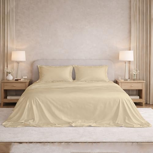 Image of Filbert Satin Bedsheet with 2 Pillow Covers | 92x108 in |300 TC | Midnight Luxe Satin Dreams Collection for Double Bed King Size | UltraSatin Premium Bedding Set | Beige