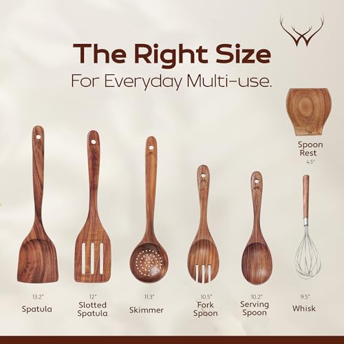 Image of 7 Pc Teak Wooden Kitchen Utensils - Handcrafted Wooden Cooking Utensils Set with Holder, Elegant Wooden Spoons for Cooking & Timeless Utensil Set for Daily Use - Teak Utensils Set for Cooking