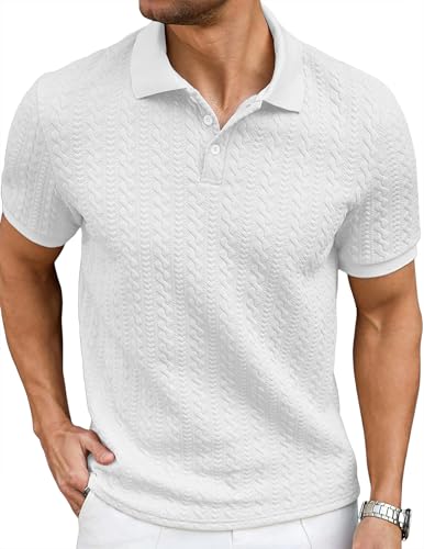 Image of JMIERR Men's Casual Polo Shirt Knitted Textured Short Sleeve Stretch Golf Shirt Summer Vacation Beach Collared Shirts