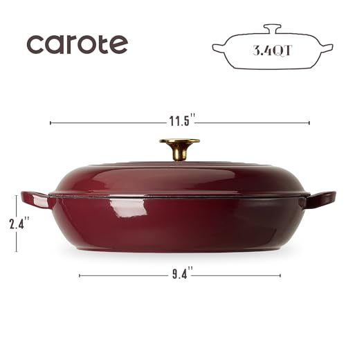 Image of CAROTE 3.4QT Enameled Cast Iron Braiser Pan, Shallow Dutch Oven Casserole Skillets, Non-Toxic Cast Iron Pot with Lid for Grilling, Searing, Baking, Dual Handles, All Stovetop Compatible, Fig