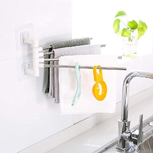 MOBHADA Platinum 4 Bar Stainless Steel Folding Towel Hanging Holder Shelf Rack Organizer Portable Stand Long with Chrome Finish for Bathroom Kitchen with Hanger 1