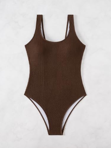 Image of Limeeke Women One Piece Swimsuit Solid Ribbed Monokini Swimwear Scoop Neck Low Back Bathing Suit