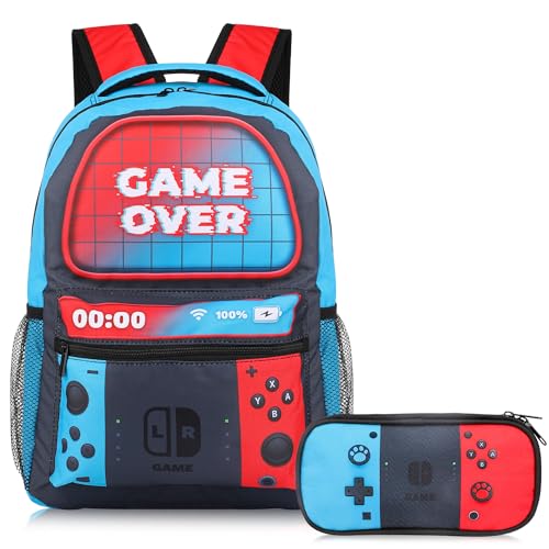 Gaming School Backpack for Boys - 16 Inch Gamer School Backpack With Pencil Case for Kids Children Elementary Middle School, Large Capacity Video Game Schoolbag for Kids School Stationery Supplies