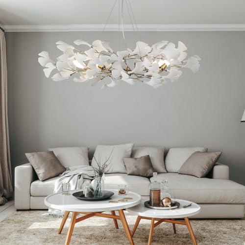 Image of Branch Chandeliers, L31.5 inch Brass Ginkgo Leaf Chandeliers for Dining Room Bedroom White Modern Chandeliers Luxury Pendant Light Kitchen Island Hanging Lights Fixture, 5-Light