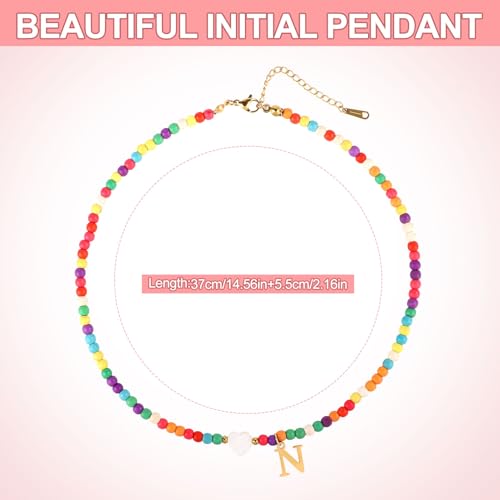 Initial Beaded Necklace, Colorful Cute Beaded Necklace with Heart Shells Stylish Letter Pendant Necklace Handmade Personalized A-Z Gifts for Women Girls (Letter N)2