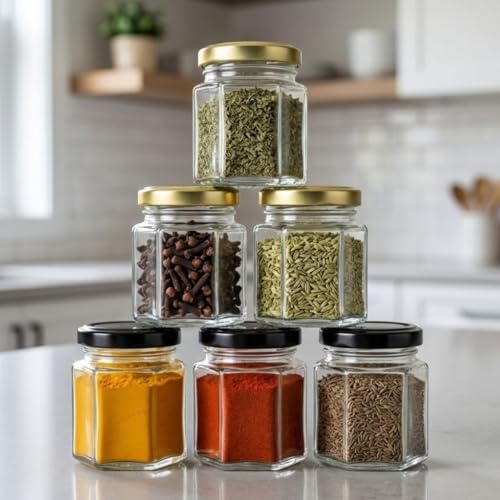 Image of Cute Hexagonal 50 grams Airtight Glass Jar Containers for Honey, Spices & other Kitchen Items with Rust Proof Gold & Black Color Caps -Set of 06