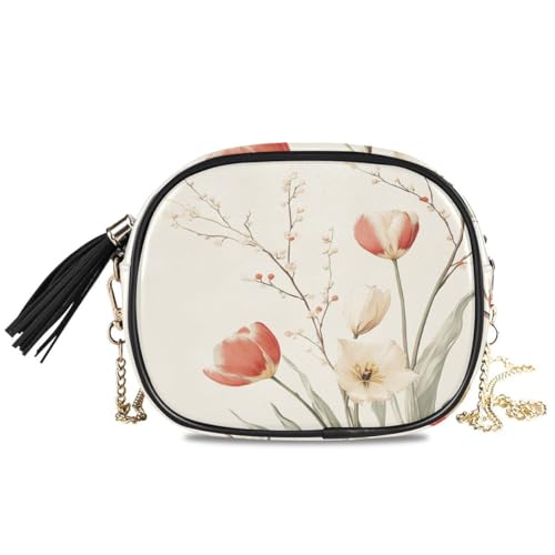 ALAZA Women's Vintage Tulips Floral PU Leather Crossbody Bag Shoulder Purse with Tassel