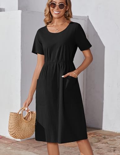 Zeagoo Womens Summer Midi Dress Casual Short Sleeve A-Line Cotton Linen Dress Flowly Beach Tunic Sundresses with Pockets 20252