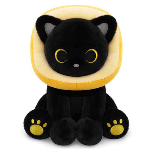 Image of Black Cat Plush - 8inches Cat Stuffed Animal with Toast Bread | Removable Hood, Cute Plushie Soft Kitten Doll Toy for Kids Boys Girls, Birthday Gifts