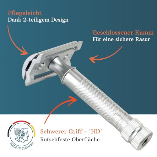 Image of MERKUR 34 Double Edge Safety Razor - Matte Chrome | Heavy Duty Knurled Brass Handle | Made in Germany | Plastic-Free | Two Piece Design | Closed Comb | Straight Bar
