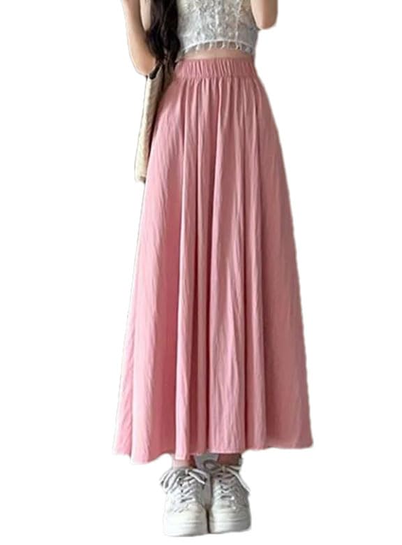 Women Long Skirts Korean Elastic High Waist with Pockets Maxi Skirts