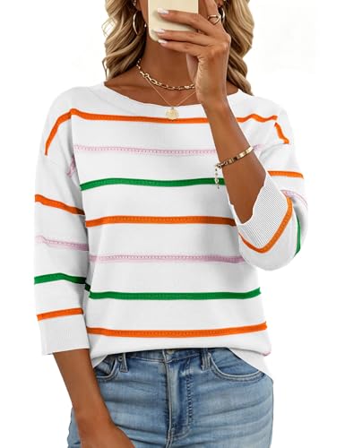 LOMON Womens Sweaters Color Block Striped Sweater 3/4 Sleeve Tops Crew Neck Sweater Cozy 2026 Spring...