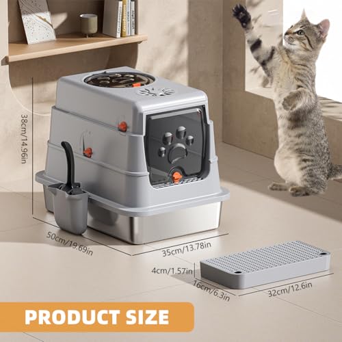 Image of Qpets Cat Litter Box (Covered & Enclosed Design) with Stainless Steel Tray, Front & Top Entry Cat Toilet, Odor Control, Litter Scoop Included, 50 x 35 x 38 cm