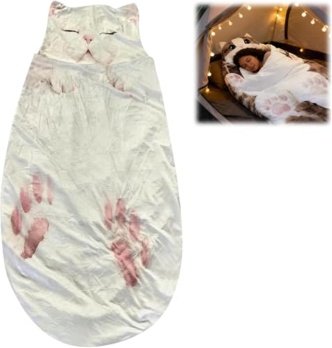 Cat Sleeping Bag Plush Wearable Blanket Envelope Style Super Soft Fluffy Sleeping Bag for Adults Cat Shaped Floor Lounger for Indoor Lounging Camping Trips and Sleepovers (Multicolor-A)