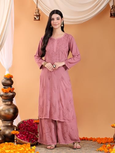 Image of POSHAK CHIKAN STUDIO Women's Hand Embroidered Lucknowi Chikankari Rayon Co-ord Set