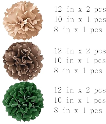 Image of Tissue Paper Pompoms Paper Flower 12 Pcs Green Brown Paper Flower Ball for Birthday Bachelorette Wedding Baby Shower Bridal Shower Party Decoration