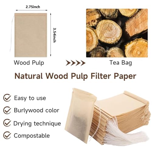 Gokyvei 200Pcs Tea Filter Bags, Disposable Tea Filter Bags for Loose Leaf Tea from Safe Natural Materials, Empty Tea Bags Suitable for Loose-Leaf Tea, Coffee, Spices, Herbs (3.54 x 2.75 inch)