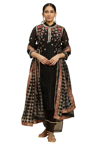 Image of Wishful by W Women's Viscose Kurta, Parallel Pant & Dupatta (23AUSP11461-122712 Black