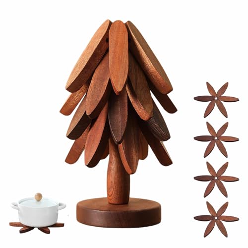 Lot de 4 Dessous de Plats en Bois pour Plats Chauds 4 Dessous de Plat en Bois + 1 Support rangé comme Un Sapin de Noël Supports Isolants en Boi Pliables pour Théière Poêle Bol